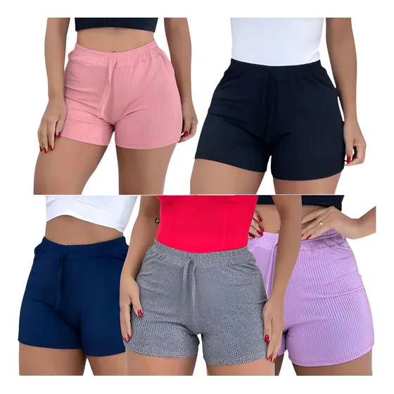 Kit 3 Short Feminino Canelado Cintura Alta Com Elastico