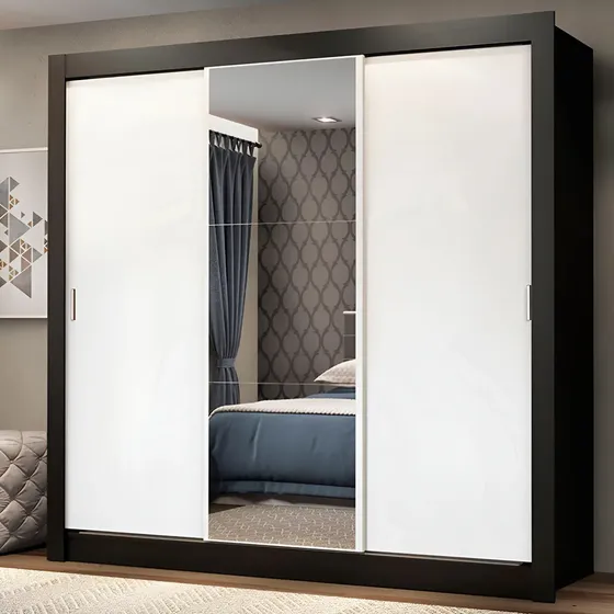 Guarda Roupa Casal Mônaco Madesa 3 Portas Correr Espelho Pb Cor Preto/Branco 1093D81E