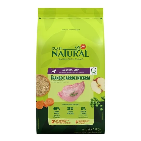 Ração Cães Ad Médios Frango E Arroz Int 12kg Guabi Natural