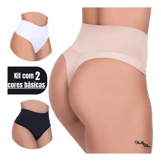 Kit 2 Calcinhas Cós Alto Modeladora Fio Duplo Empina Bumbum