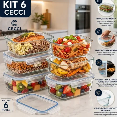 Kit 6 Potes de Vidro Herméticos Retangulares 640 mL para Marmita, Freezer e Organização