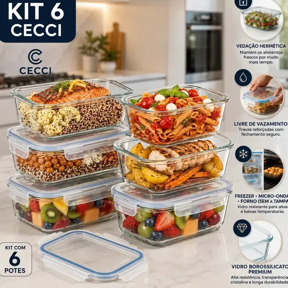 Kit 6 Potes de Vidro Herméticos Retangulares 640 mL para Marmita, Freezer e Organização