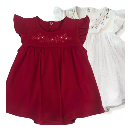 Body Vestido Bebê Vermelho Bordado Flores Franzida Natal