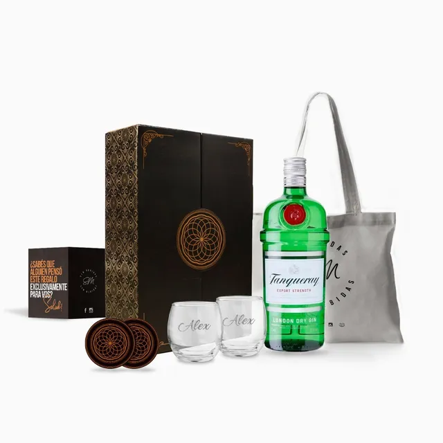 Kit Regalo Gin Tanqueray London Dry 2 Vasos Grabados Estuche