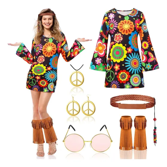Jinei 6 Peças Femininas 60s 70s Fantasia Hippie Roupa Hippie