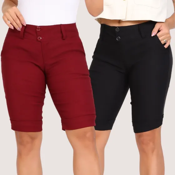 Kit-2 Bermuda Feminina Cós Alto Lycra Até O Joelho Lisa