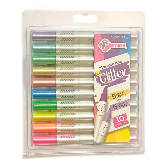 10 Marcatextos Con Glitter Tryme Tonos Neón Y Pastel
