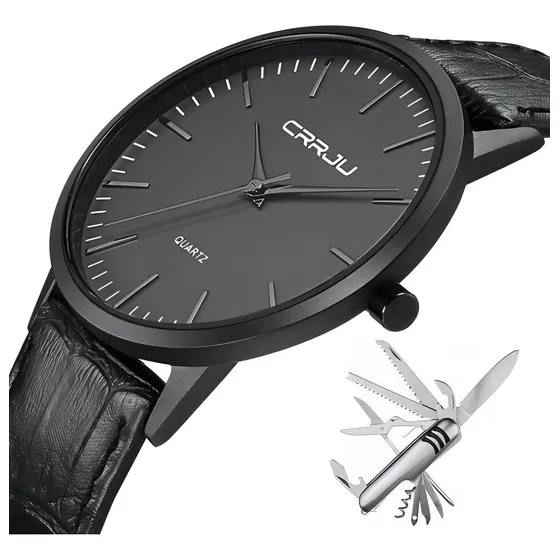 Relógio Masculino Casual Ultra Fino De Luxo + Canivete Inox Cor da correia Preto Cor do bisel Preto Cor do fundo Preto