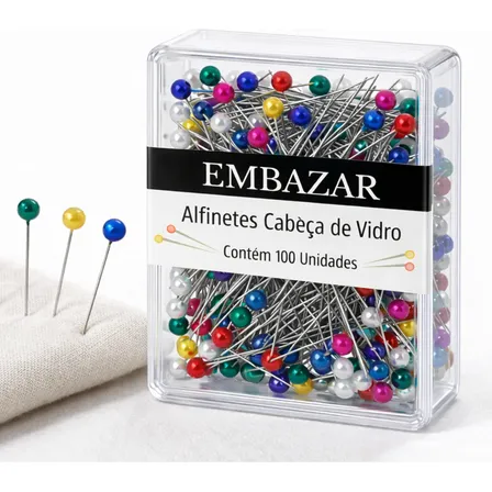 Kit 100 Alfinetes Tipo Cabeça De Vidro Colorida Costura 36mm Branco