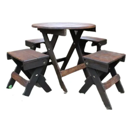 Mesa Redonda D'madera Con Banquitos Plegable Rústica Premium