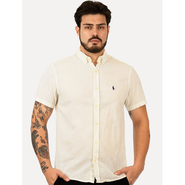 Camisa Ralph Lauren Manga Curta Custom Fit Linho Off-white