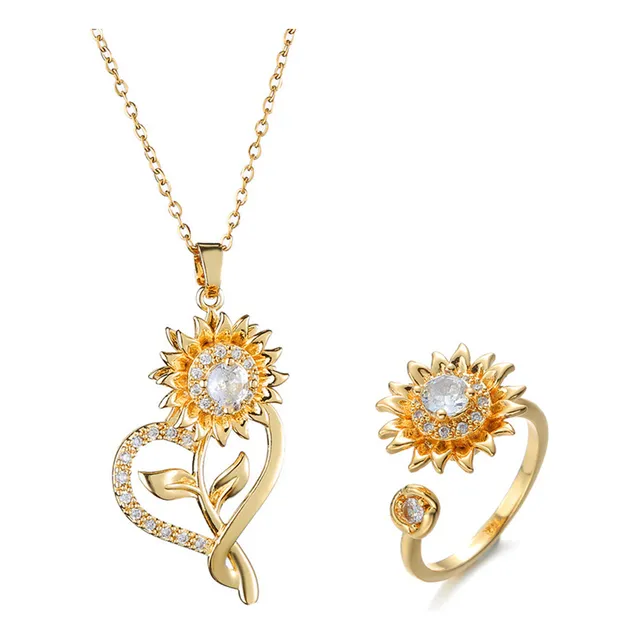 2pz S925 Collar Girasoles Para Mujer Dijes y Anillo Cadena Chapado en oro Joyeria Mujer Collar Plata Collares Girasol Dijes