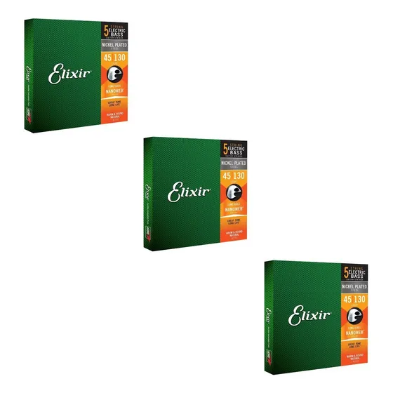 Kit 3 Encordoamentos Baixo 5 Cordas 045 Elixir Light Nanoweb