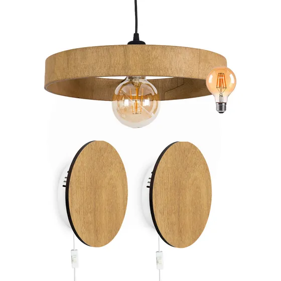 Lampara Colgante + 2 Velador Difusor Led Madera Habitacion
