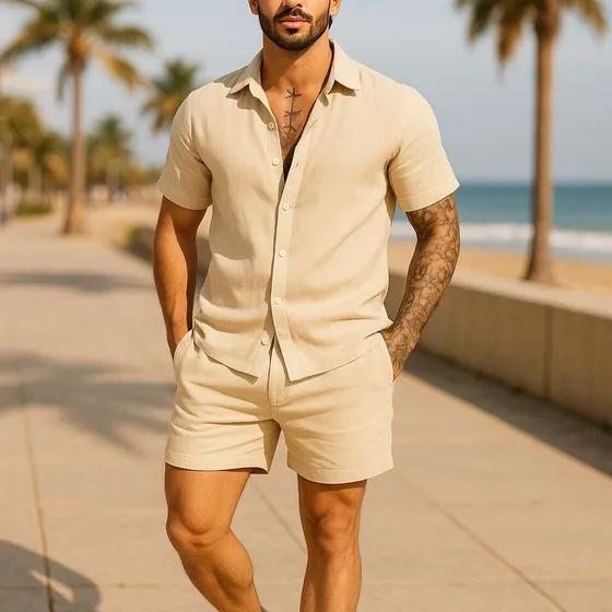 Conjunto Casual Linho Masculino Camisa Botão  Bermuda Cordão
