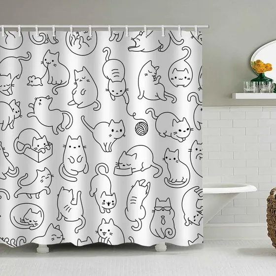 Icosamro Cortina Ducha Gato Para Baño Gancho Tela Larga 71 X