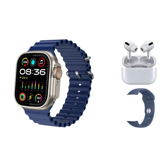 Smartwatch Reloj Inteligente 2 Mallas + Auriculares Regalo Plateado Mesh Azul Plateado