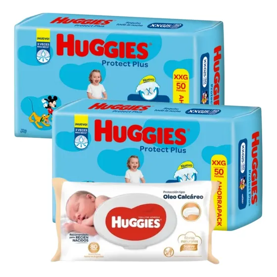 Pack X2 Pañales Huggies Protect Plus + Toallitas Humedas 80u