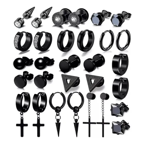 Pack 15 Pares De Aros Aretes Pendientes Piercing Colgante Para Hombre De Acero Inoxidable Color Negro Diferentes Modelos