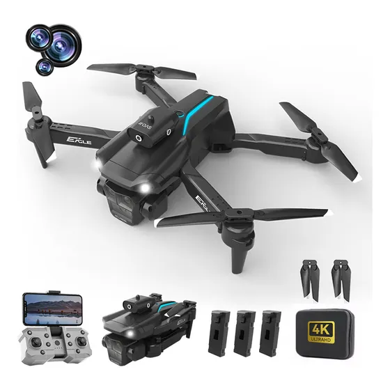 Mini Drone 4K HYTOBP con Tres Cámaras Dron Control Remoto FPV 2.4GHz Tres Baterías Negro