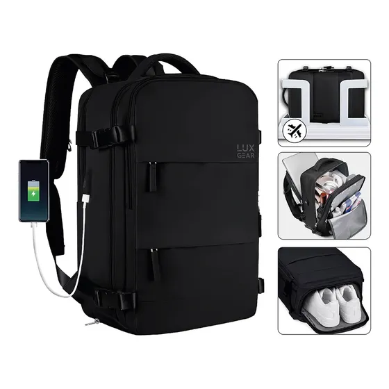 Mochila De Viaje Luxgear Nomadlife Usb Impermeable Cabina Negra