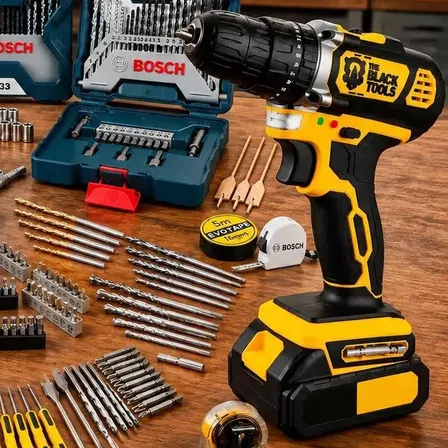 Furadeira Impacto Profissional + Jogo Bosch 180 Acessórios Preto E Amarelo