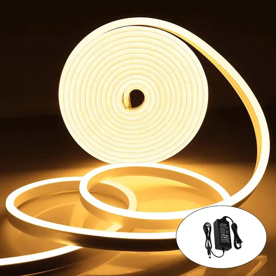 Tiras De Led Luz De Neón Flexible 5m Manguera Con Fuente 12v Luz Cálida