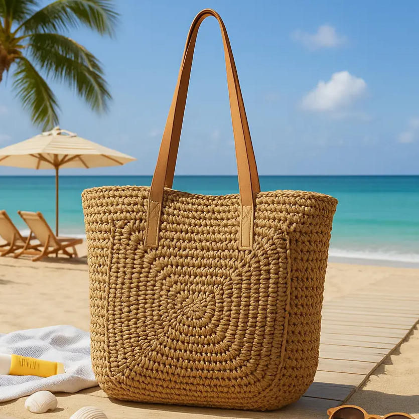 Bolsa de palha grande feminina com ziper