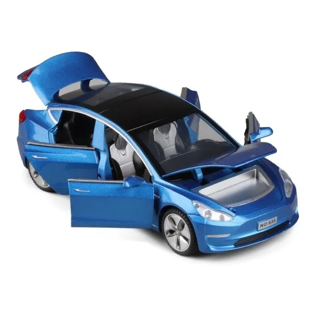 Coche Aleación 1/32 Tesla Modelo 3 Con Juguetes Sonido Y Luz Color Azul