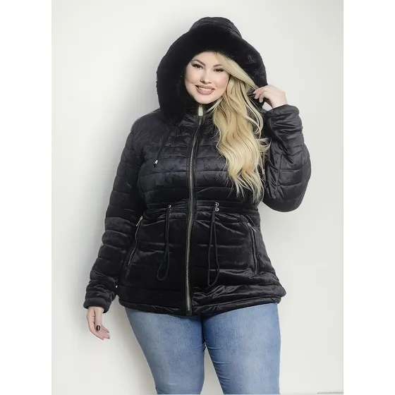 Jaqueta Parka Feminina De Veludo Peluciada Premium Com Capuz