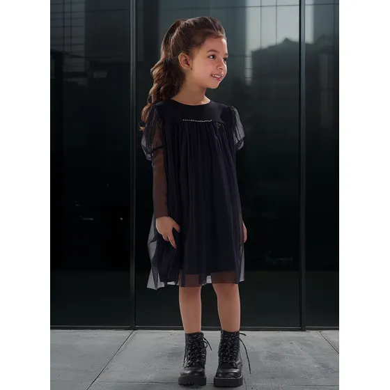 Vestido Kiki Xodó Menina Preto Com Tule E Detalhes Em Pedras
