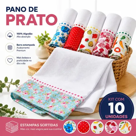 Pano De Prato Barrado Atacado Premium Kit Com 10 Peças