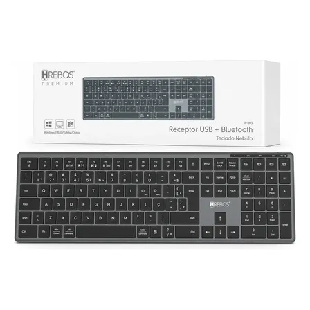 Teclado Sem Fio Bluetooth Recarregável Hrebos Nebula Abnt2 Cinza Português