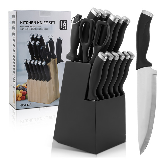 Jogo De Facas Com 16 Peças Aço Inox E Suporte Bloco Madeira Jogo De Facas Com 16 Peças Aço Inox E Suporte Bloco Madeira