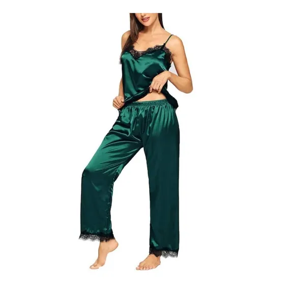 Pijama Dama Satinada Blusa Con Pantalón Largo Con Encaje 
