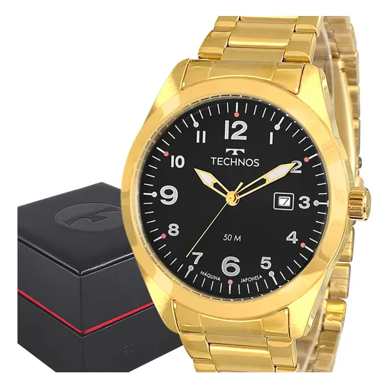 Relógio Masculino Dourado Technos Ouro 18k Carteira Brinde