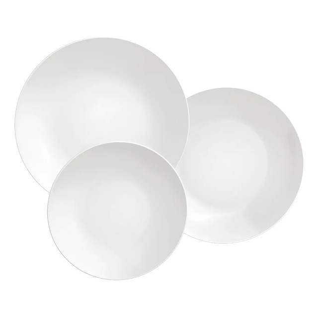 Conjunto de 12 pratos Tramontina Leonora em porcelana branca dispostos de forma sobreposta