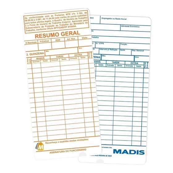 Cartão De Ponto Madis Térmico Md 402 Com 50 Uni + Frete Nfe