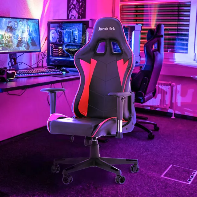 FOH - Gaming Silla de Escritorio Reclinable Brazos Ajustable Soporte Lumbar y Respaldo Giratoria con Reposacabeza Apoyo y Cojín Lumbar Capacidad Máxima 125kg Rojo y Negro)