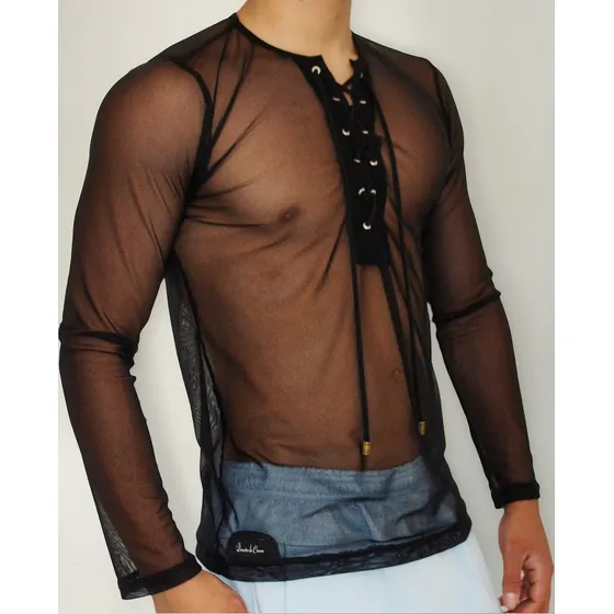 Camisa Transparencia,  Manga Larga De Mesh Negro D' Paul