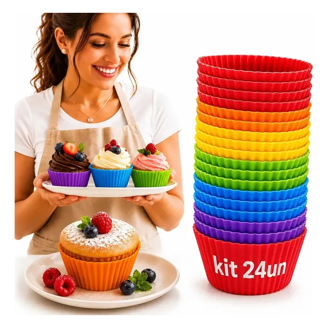 Kit 24 Formas De Silicone Cupcake Empada Muffin Bolinho Multiuso Resistente Reutilizável Uso Em Forno E Air Fryer... Purple, Blue, Green, Yellow, Orange, Red