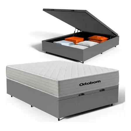 Cama Box Baú E Colchão De Mola Ensacada Ortobom Plenno Casal Cinza