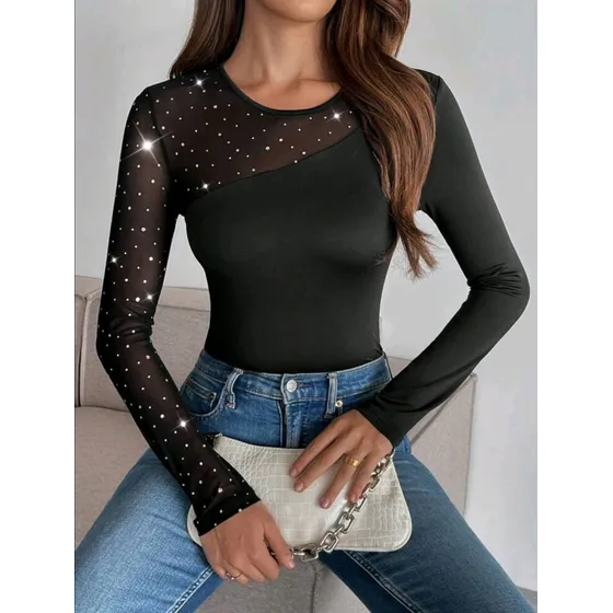 Blusa  Con Transparencias Y Brillantes Negra Manga Larga