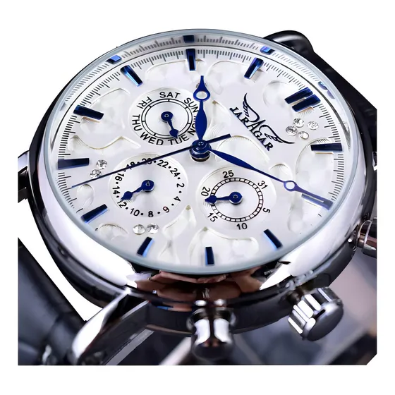 Jaragar Dials Calendar Relógio Masculino De Couro Cor Do Fundo Branco/azul