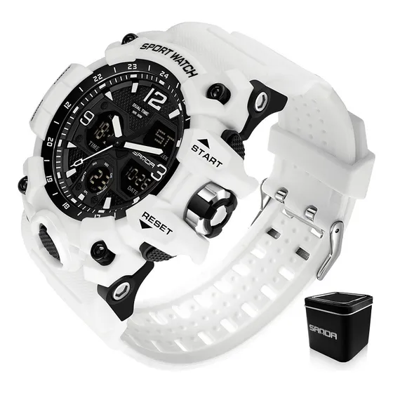 Reloj De Hombre Digital Analog Militar Deportiva Impermeable Bisel Blanco