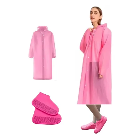 Capa Poncho Impermeable + Cubre Zapatos Unisex Adulto Rosado