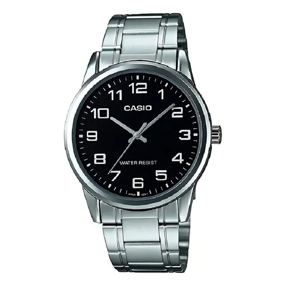 Reloj pulsera Casio MTP-V001D-1BUDF con correa de acero inoxidable color plateado - fondo negro