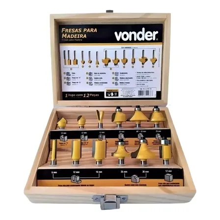 Jogo De Fresas Madeira 12 Peças Metal 6mm Vonder Kit Maleta