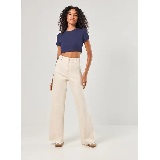 Calça Sarja Wide Leg Com Elastano