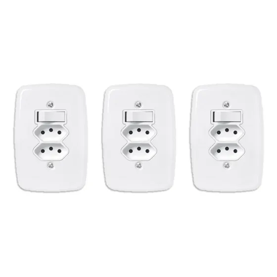 3 Unidades Interruptor Apagador Simples + Tomada Dupla 10a  